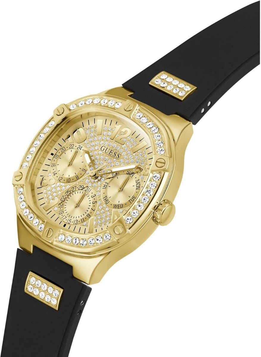 Gwylio i Fenywod Guess gyda Deial Aur a Strap Ddu GW0619L2