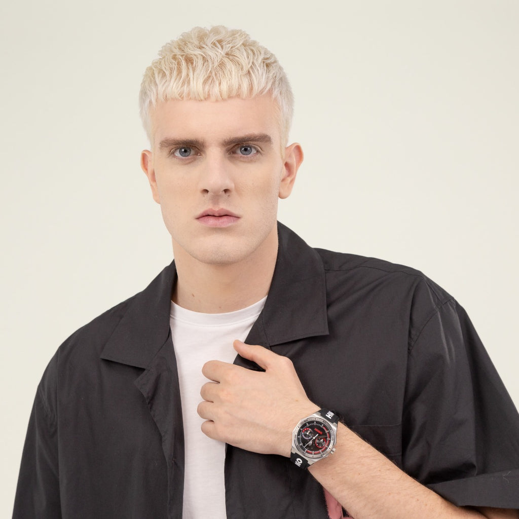 Gwylio Dynion Hugo gyda Deial Du a Strap Ddu 1530397