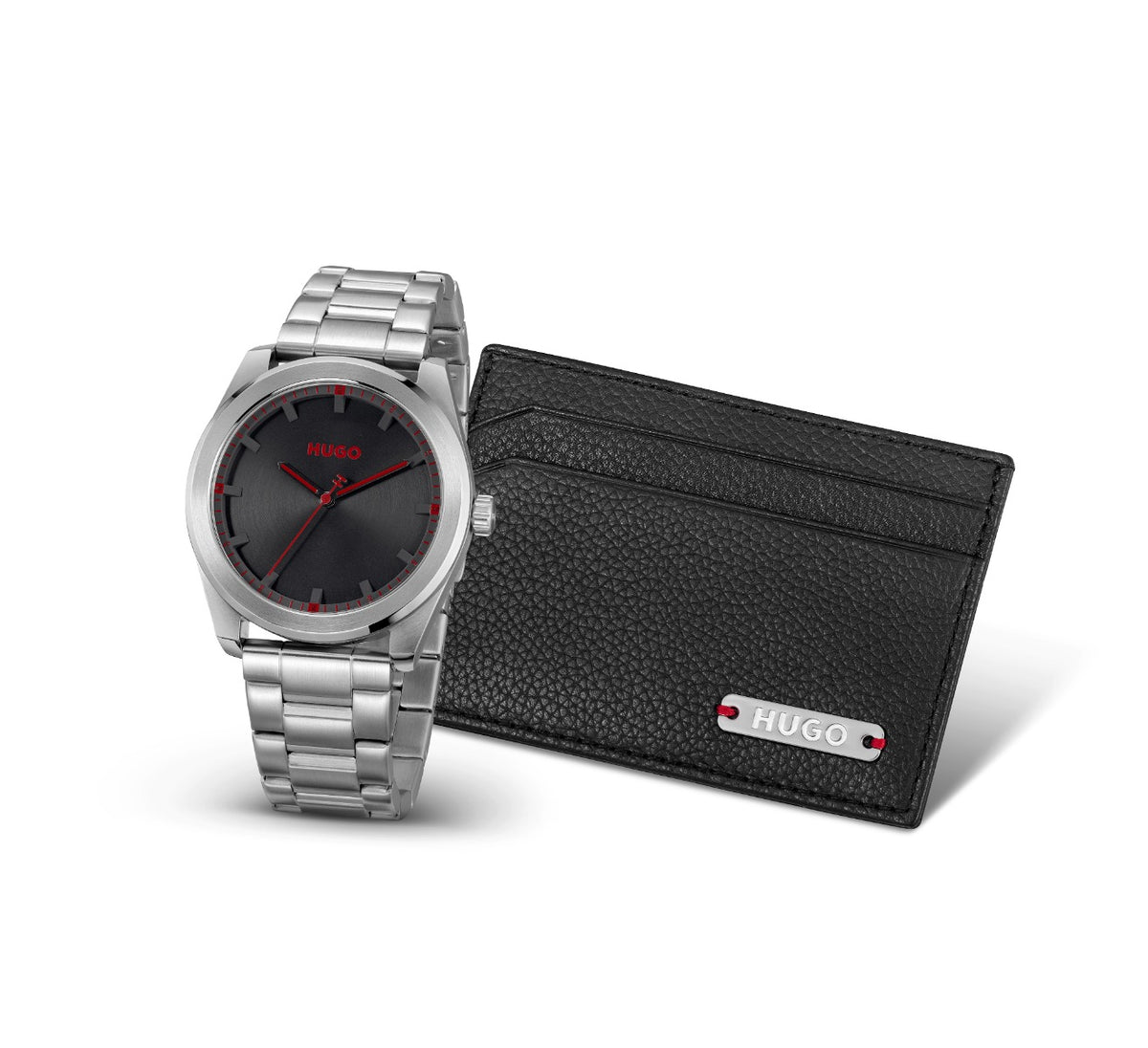 Hugo #Bright Mens Gift Set with Black Dial and Silver Strap & Card Holder 1570175
