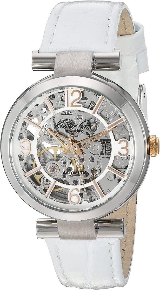Kenneth Cole Ladies Automatic Watch with Silver Skeleton Dial and White Strap KC10022296