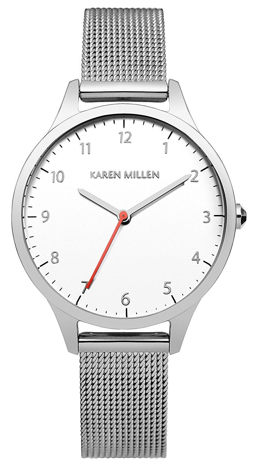 Karen Millen Women's Quartz Watch with White Dial Analogue Display and Silver Stainless Steel Bracelet KM118SM