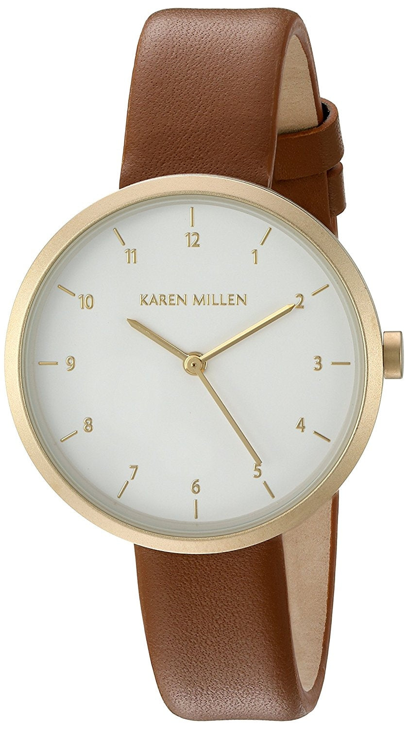Karen Millen Women's Quartz Watch with White Dial Analogue Display and Brown Leather Strap KM135TG