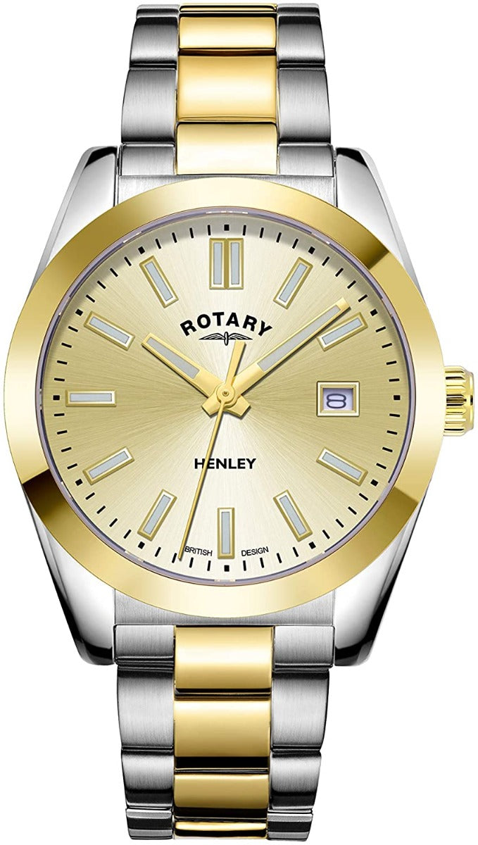Cloc Menywod Rotary Henley gyda Deial Aur a Strap Arian ac Aur LB05181/03