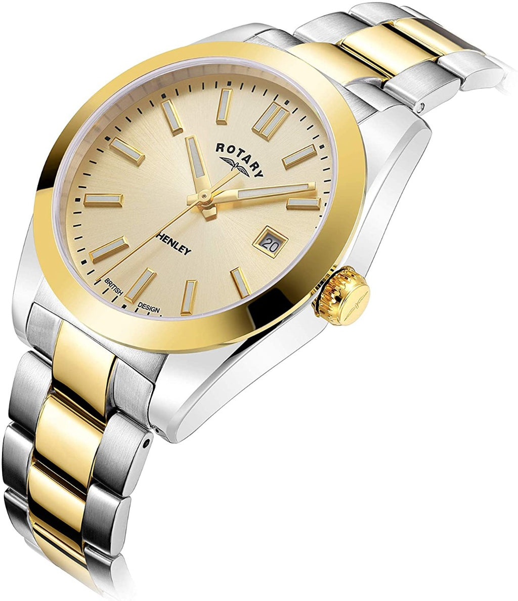 Cloc Menywod Rotary Henley gyda Deial Aur a Strap Arian ac Aur LB05181/03