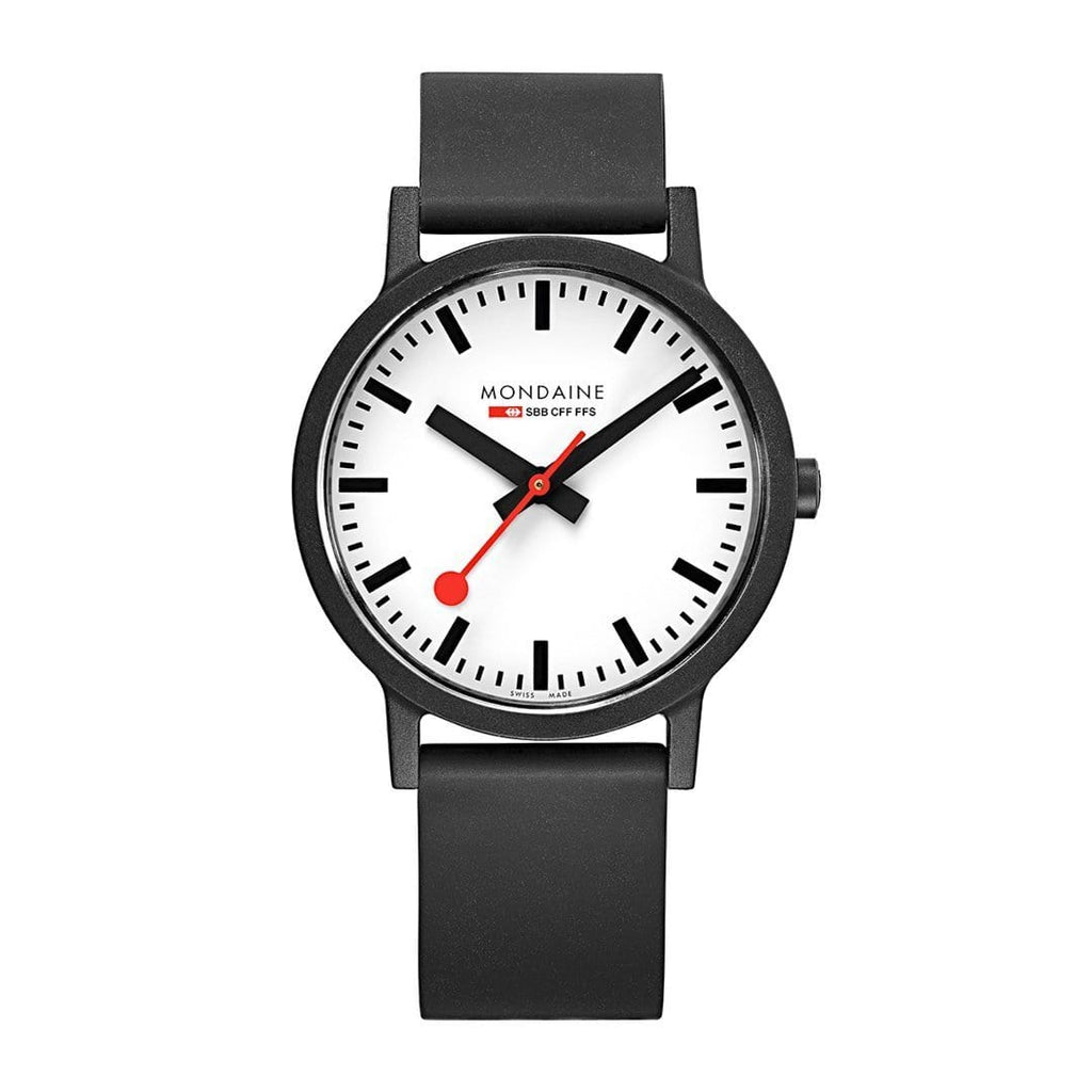 Cloc Mondaine Classic i Ddynion gyda Deial Gwyn a Strap Rwber Du MS1.41110.RB