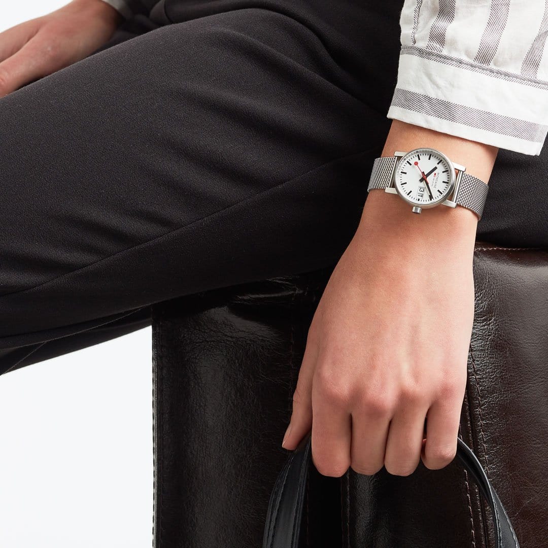 Mondaine Classic Ladies Watch with White Dial and Silver Strap MSE.30210.SM