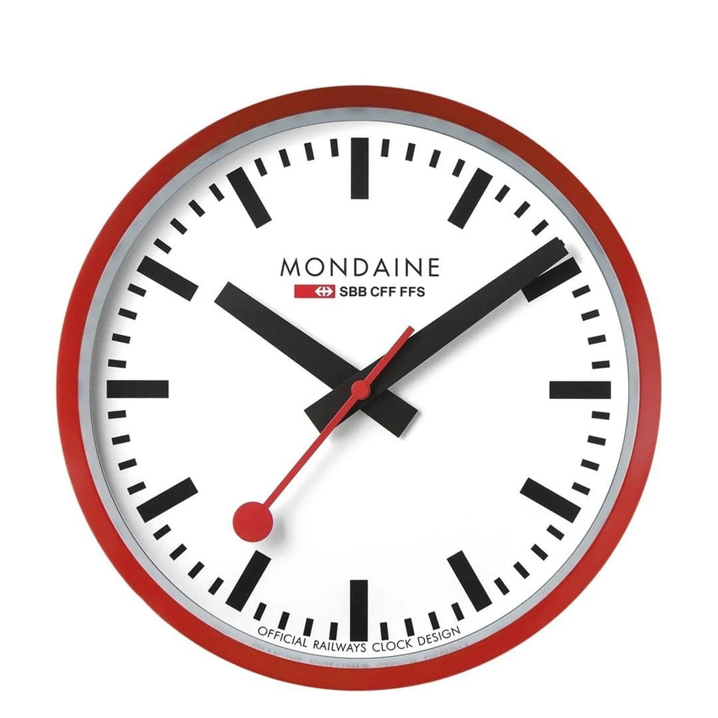 Cloc Wal Mondaine gydag Wyneb Gwyn a Chas Coch A990.CLOCK.11SBC