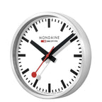 Cloc Wal Mondaine gydag Wyneb Gwyn ac Achos Arian A990.CLOCK.16SBB