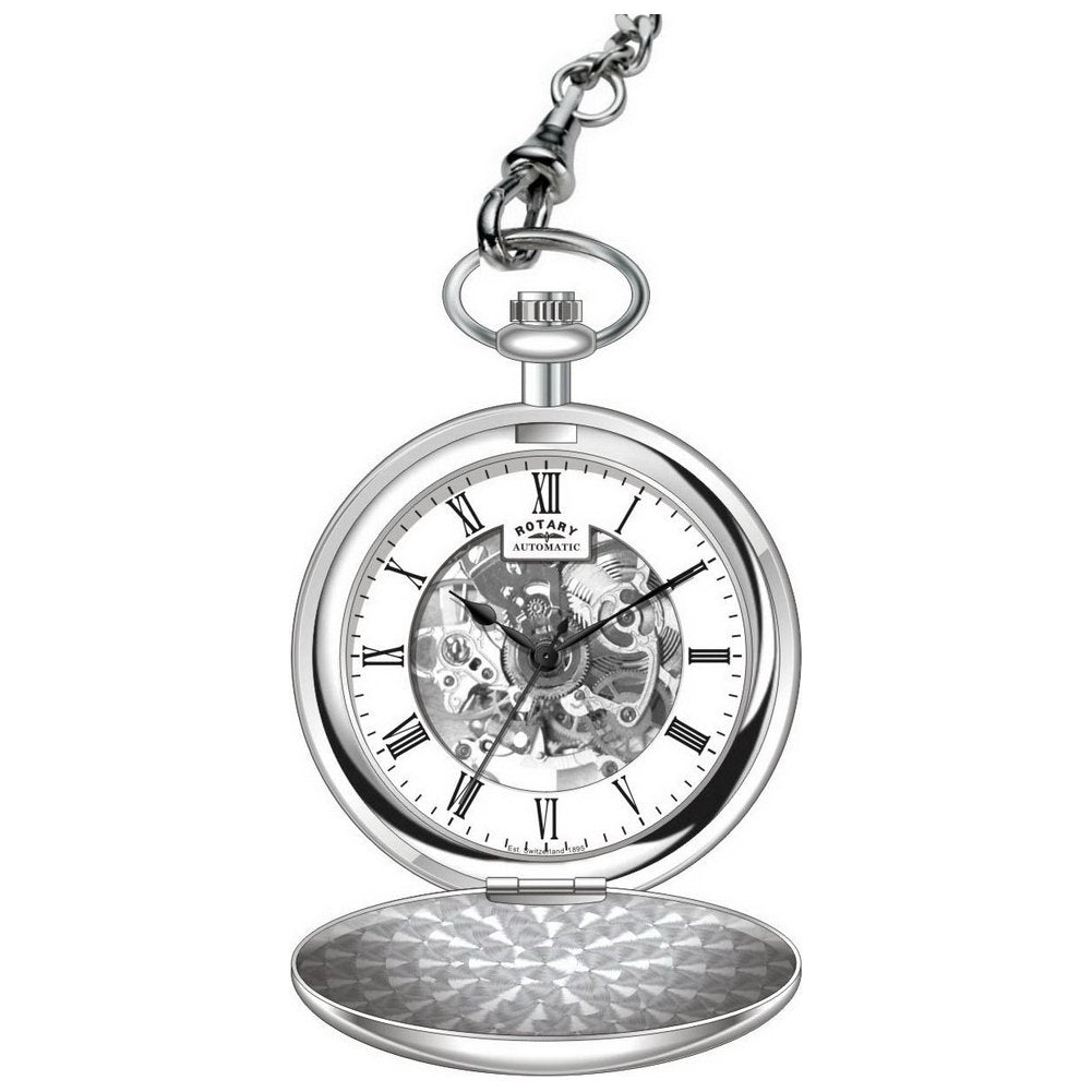 Rotary Mechanical Pocket Watch & Chain with Skeleton Movement and White Dial MP00726/01