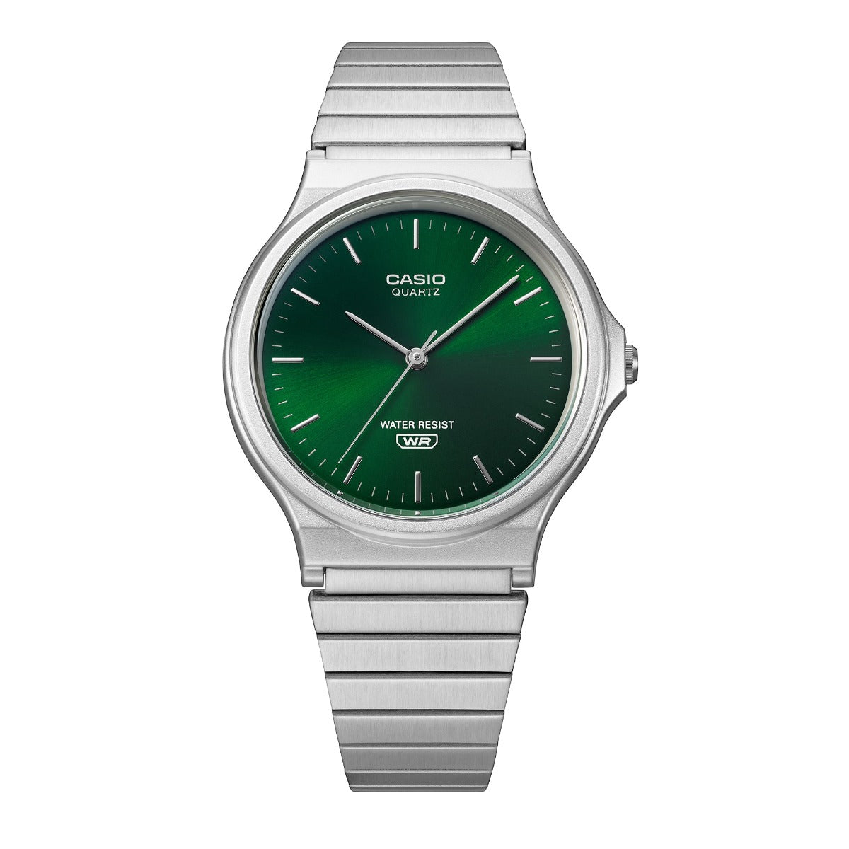 Gwylio Casio Collection i Ddynion gyda Deial Gwyrdd a Strap Arian MQ-24DA-3AEF