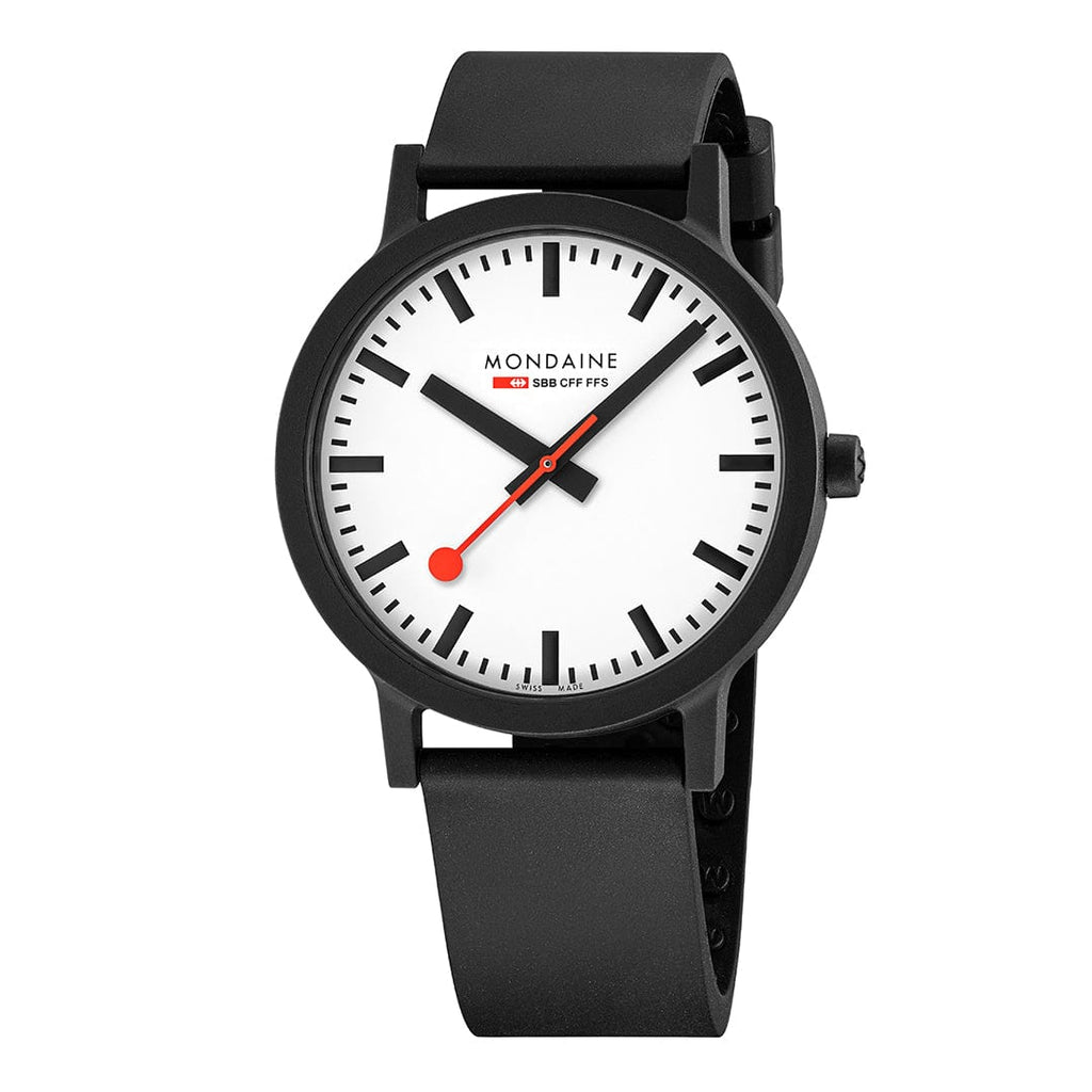 Cloc Mondaine Classic i Ddynion gyda Deial Gwyn a Strap Rwber Du MS1.41110.RB