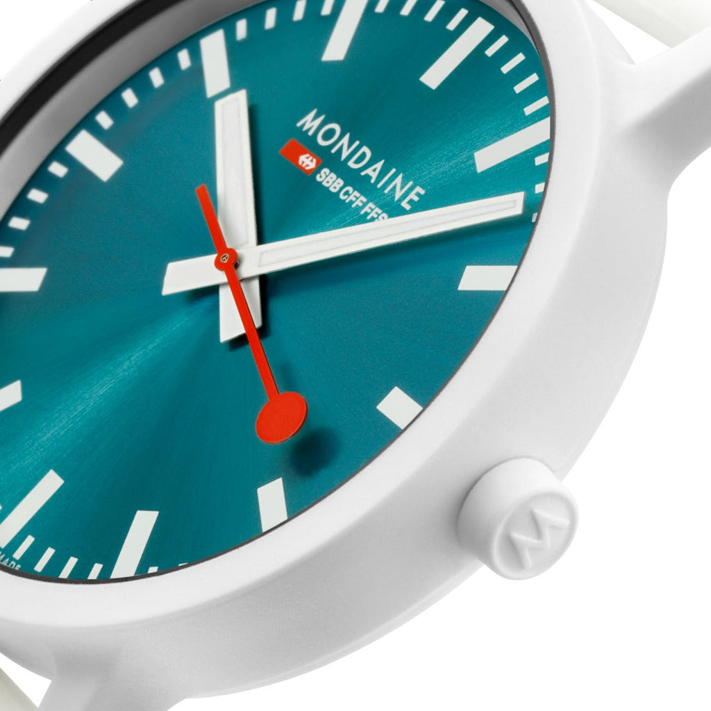 Mondaine Essence Teal Mens Watch with Teal Dial and White Strap MS1.41140.RA