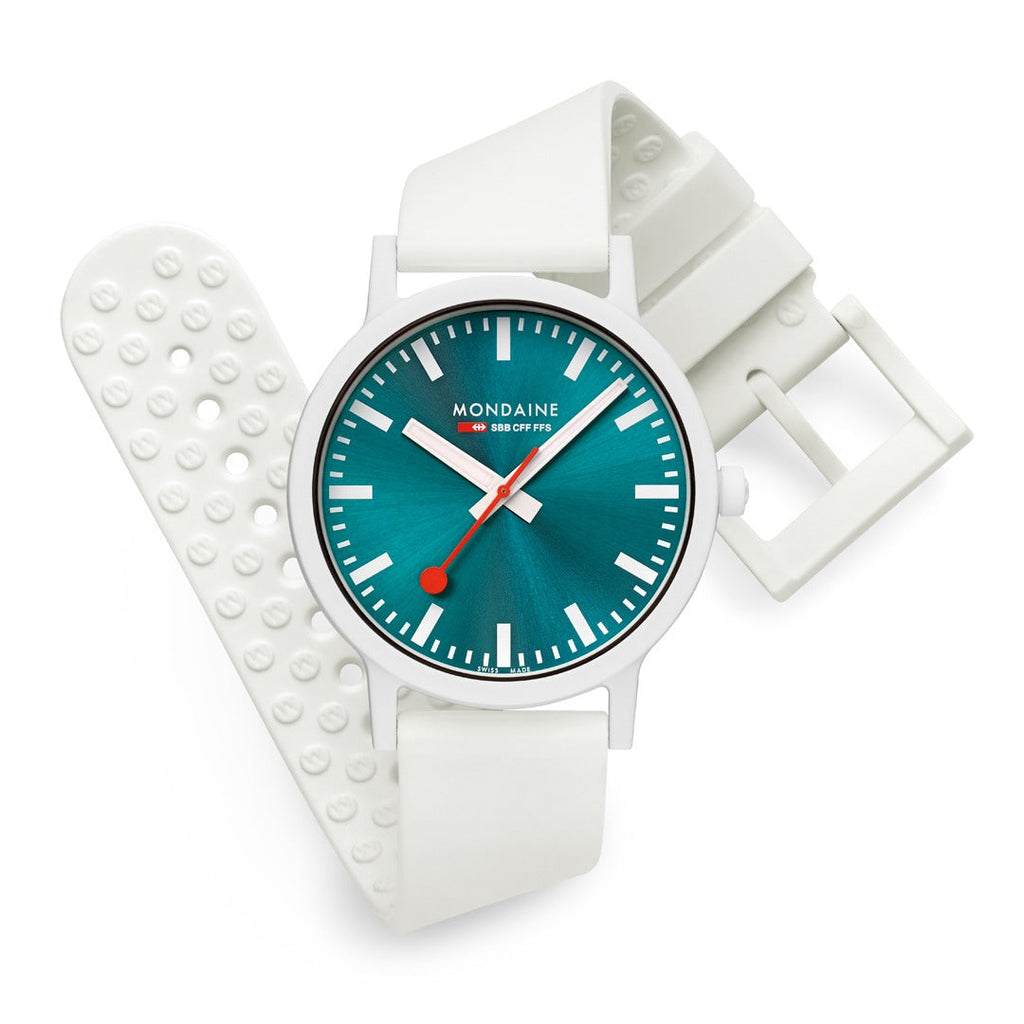 Mondaine Essence Teal Mens Watch with Teal Dial and White Strap MS1.41140.RA
