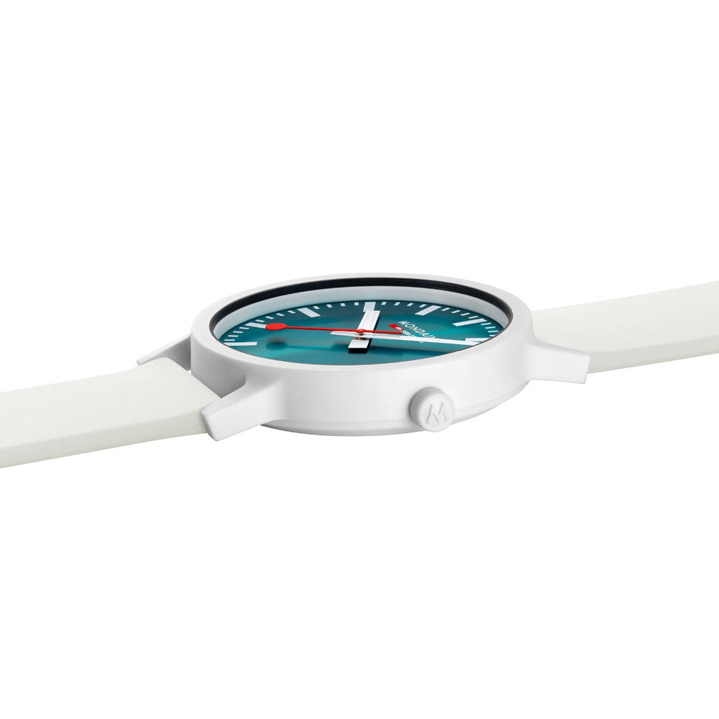 Mondaine Essence Teal Mens Watch with Teal Dial and White Strap MS1.41140.RA