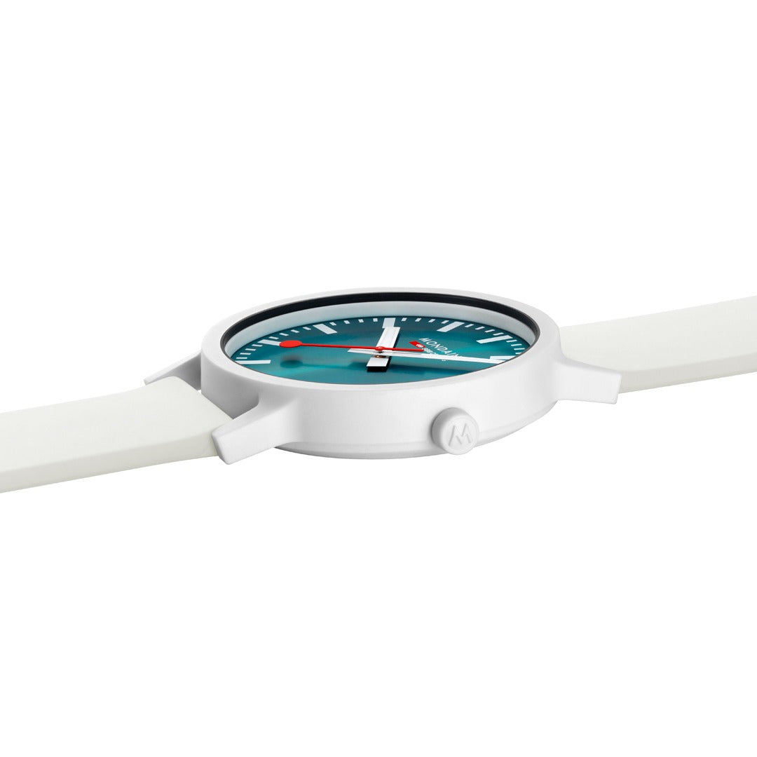 Mondaine Essence Teal Mens Watch with Teal Dial and White Strap MS1.41140.RA