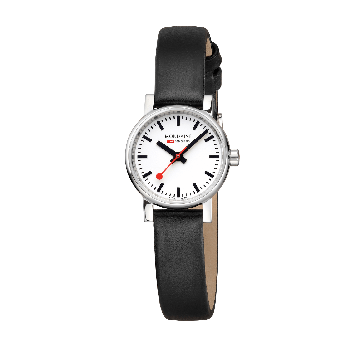 Mondaine Classic Ladies Watch with White Dial and Black Vegan Leather Strap MSE.26110.LBV