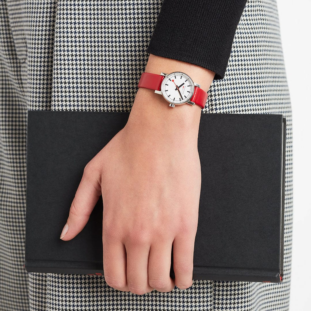 Mondaine Classic Ladies Watch with White Dial and Red Vegan Leather Strap MSE.26110.LCV