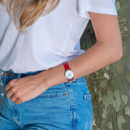Mondaine Classic Ladies Watch with White Dial and Red Vegan Leather Strap MSE.26110.LCV