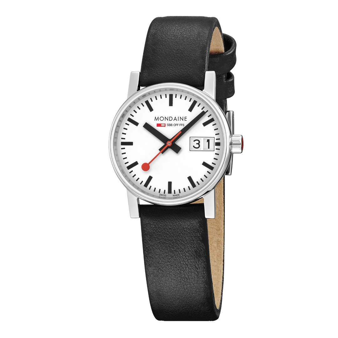 Mondaine Classic Ladies Watch with White Dial and Black Vegan Leather Strap MSE.30210.LBV