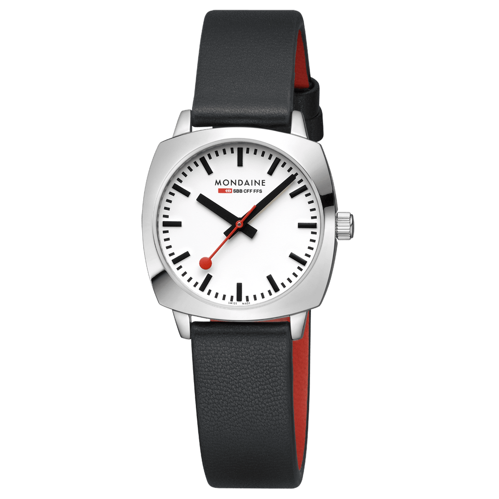 Mondaine Petite Cushion Ladies Watch with White Dial and Black Strap MSL.31110.LBV