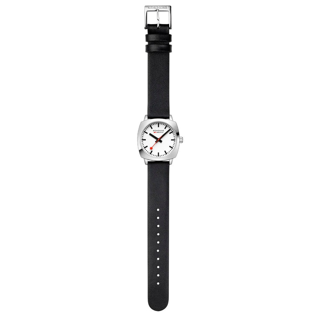 Mondaine Petite Cushion Ladies Watch with White Dial and Black Strap MSL.31110.LBV