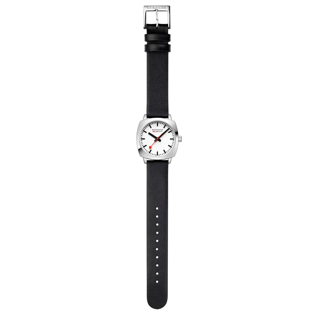 Mondaine Petite Cushion Ladies Watch with White Dial and Black Strap MSL.31110.LBV
