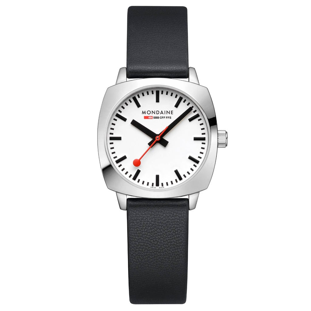 Mondaine Petite Cushion Ladies Watch with White Dial and Black Strap MSL.31110.LBV