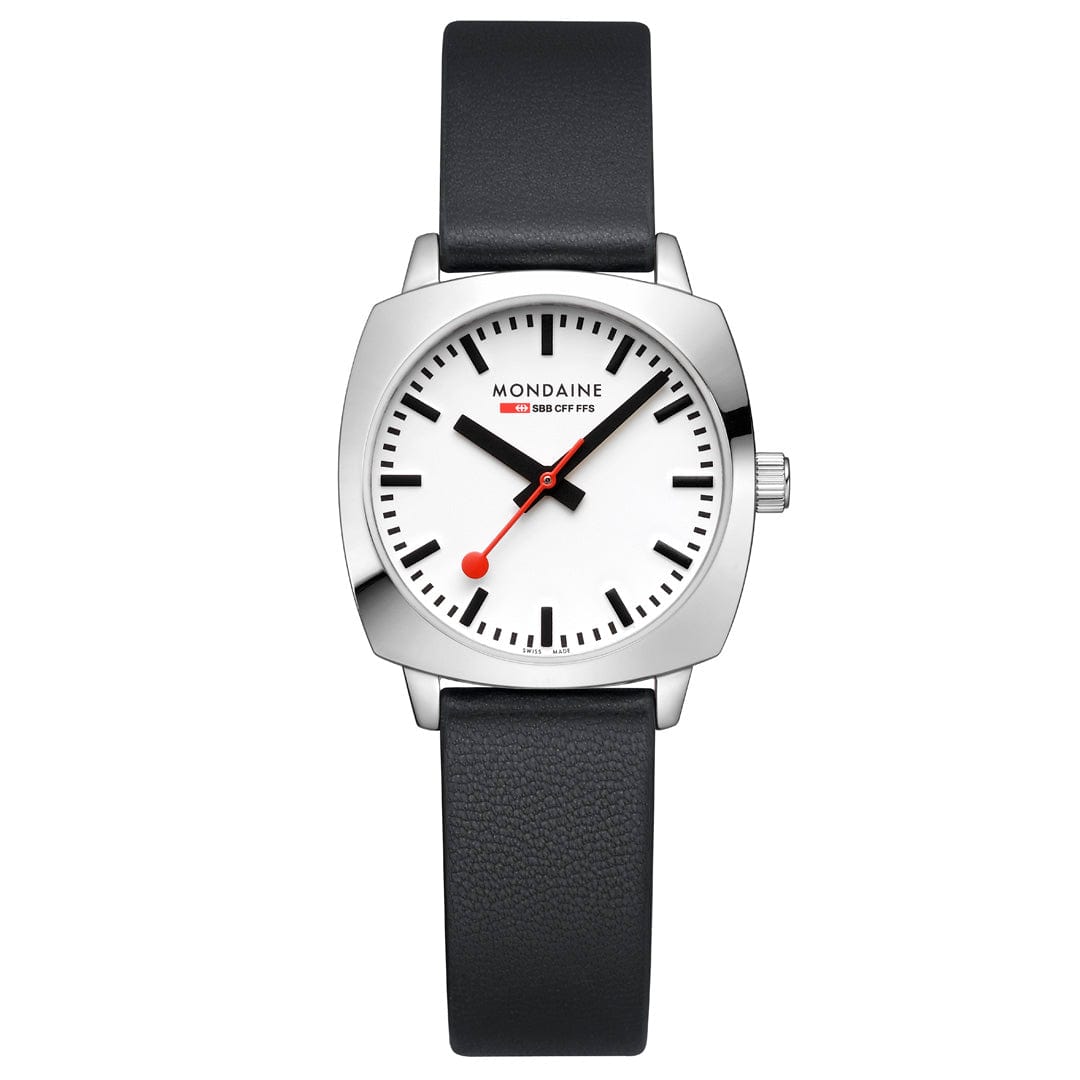 Mondaine Petite Cushion Ladies Watch with White Dial and Black Strap MSL.31110.LBV