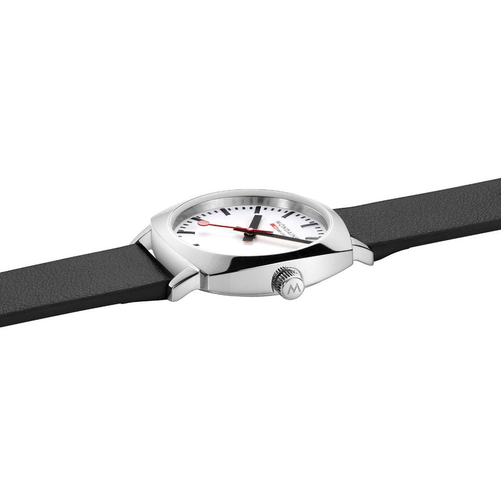 Mondaine Petite Cushion Ladies Watch with White Dial and Black Strap MSL.31110.LBV