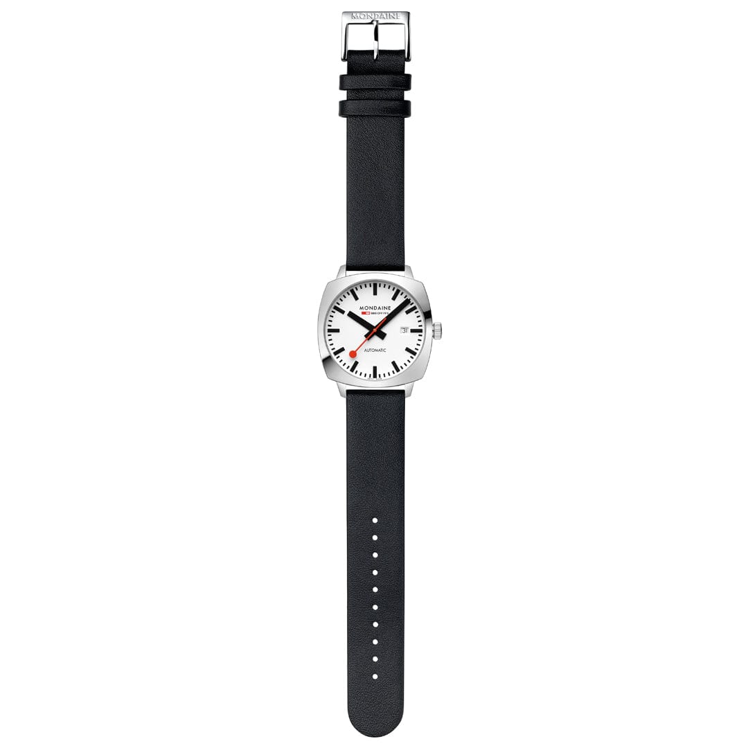 Mondaine Cushion Automatic Mens Watch with White Dial and Black Strap MSL.3961B.LBV