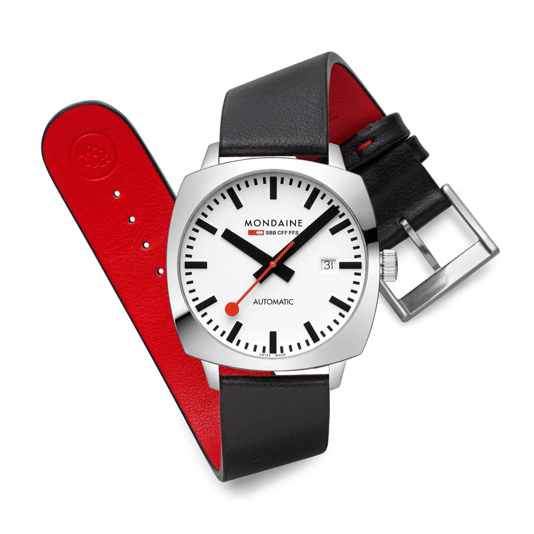 Mondaine Cushion Automatic Mens Watch with White Dial and Black Strap MSL.3961B.LBV