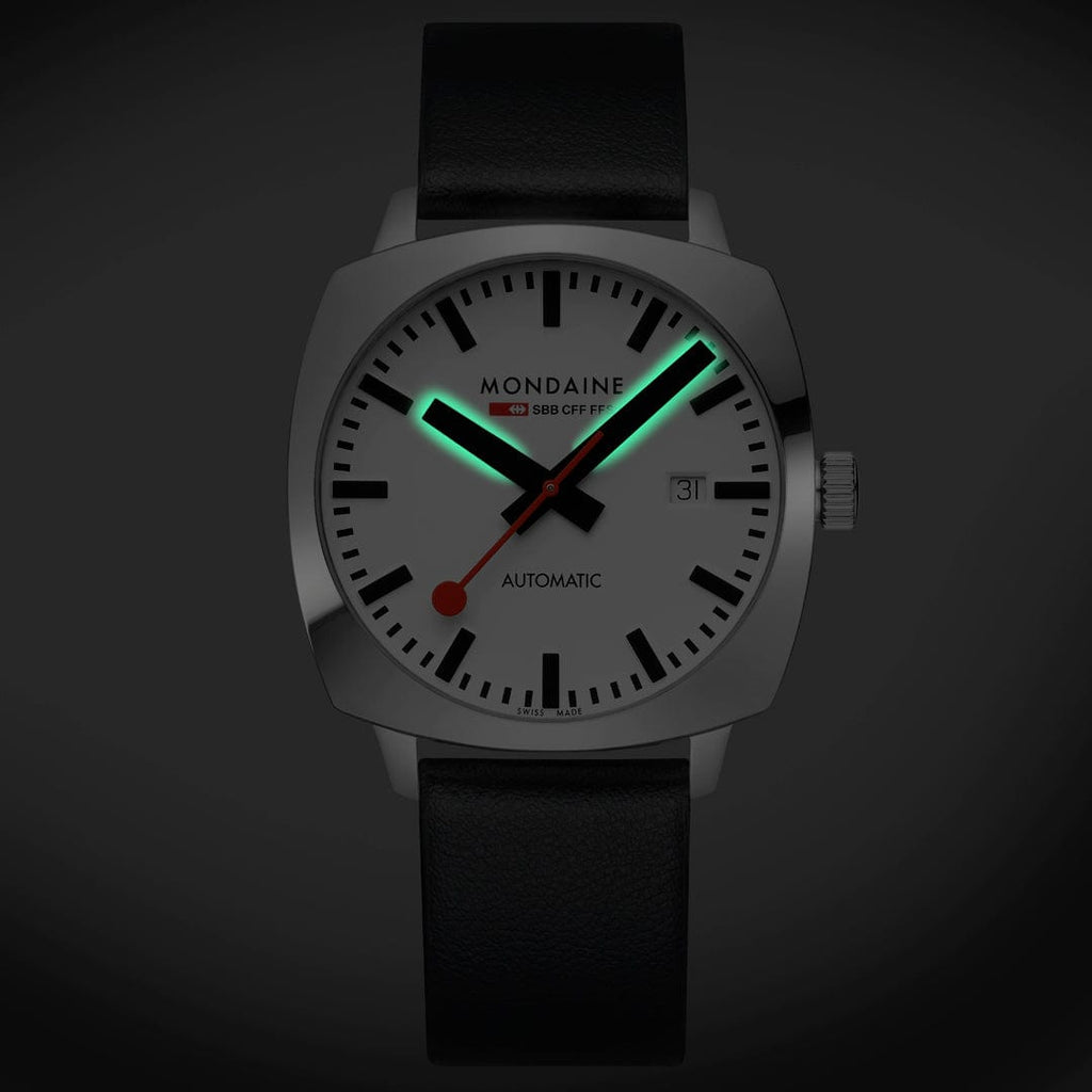 Mondaine Cushion Automatic Mens Watch with White Dial and Black Strap MSL.3961B.LBV