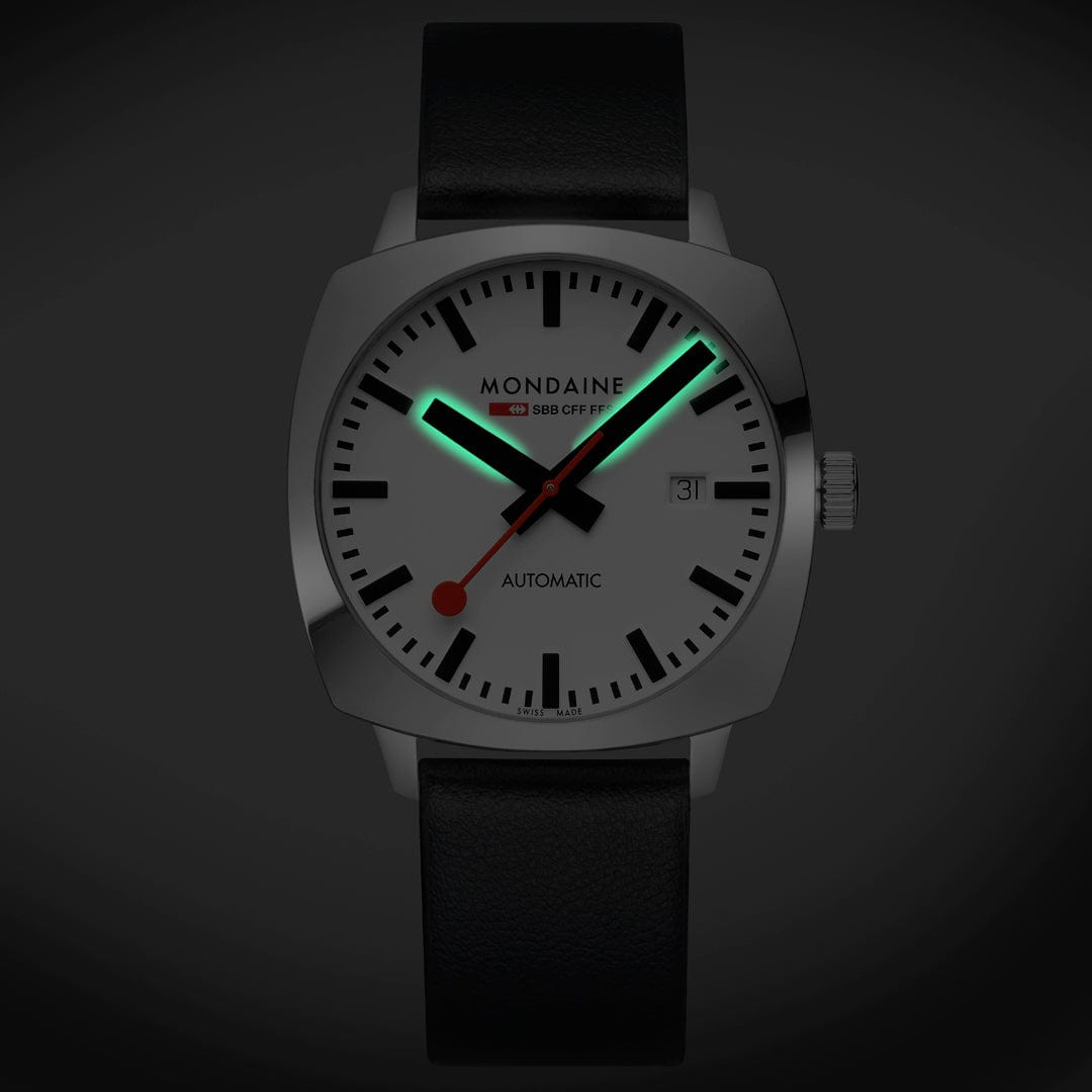 Mondaine Cushion Automatic Mens Watch with White Dial and Black Strap MSL.3961B.LBV
