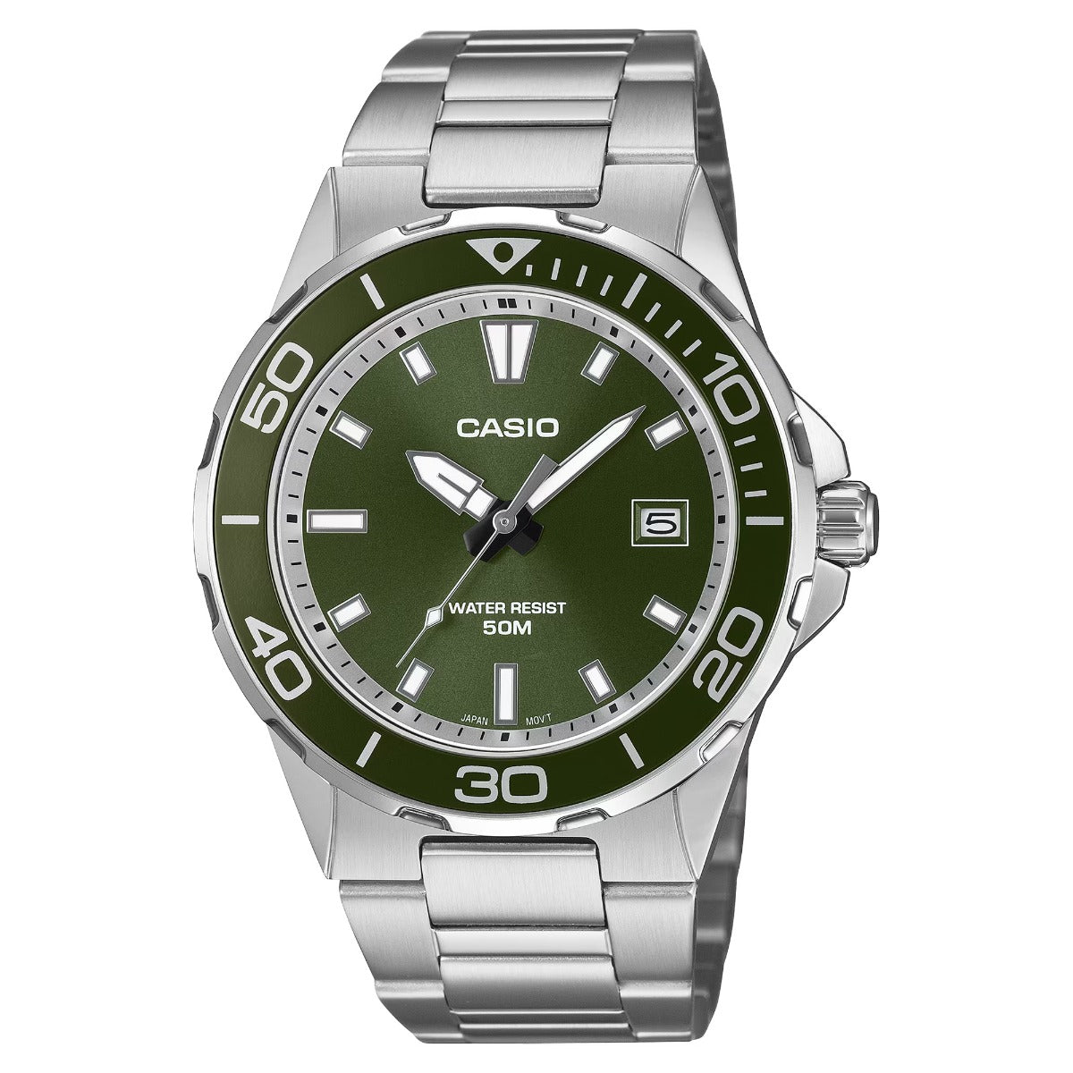 Casio Mens Watch with Green Dial and Silver Strap MTD-145D-3AVER