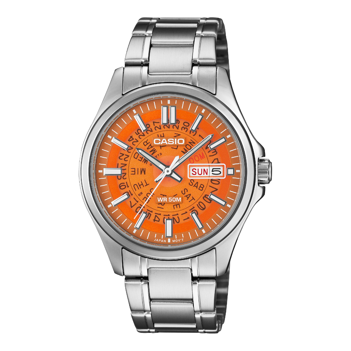 Casio Mens Watch with Orange Dial and Silver Strap MTP-E740-4AVER