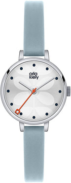 Cloc Menywod Orla Kiely gyda Deial Arian a Strap Ledr Las OK2015