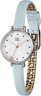 Cloc Menywod Orla Kiely gyda Deial Arian a Strap Ledr Las OK2015