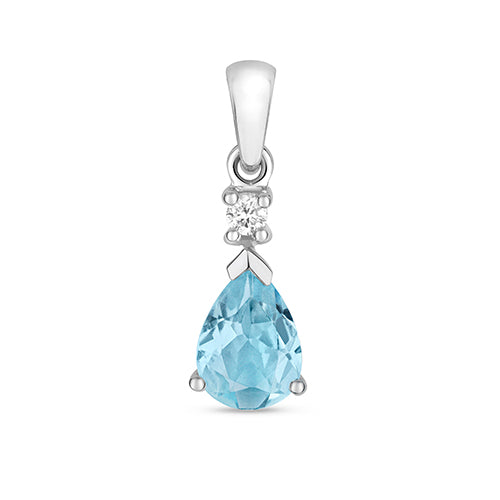 Pendant Aur Gwyn 9ct Acwamarin a Diemwnt 0.75CT