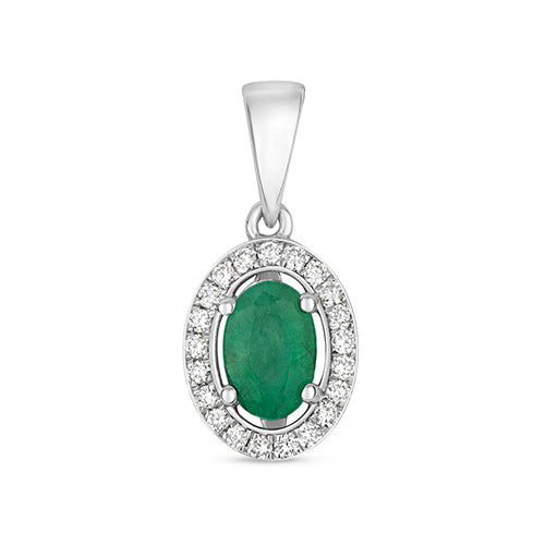 Tlws Emrallt a Diemwnt Aur Gwyn 9ct 0.450+0.090CT