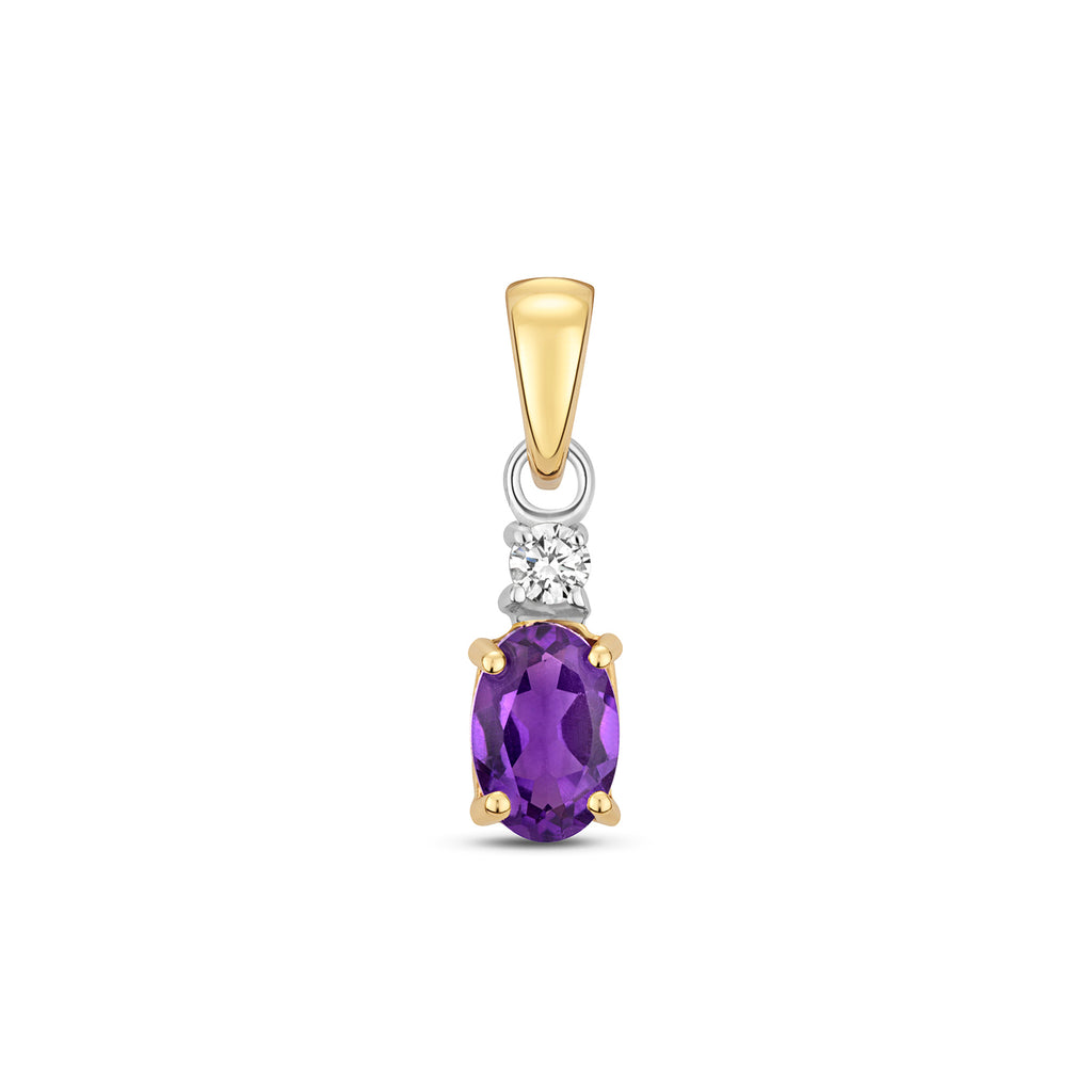 Pendent Amethest a Diemwnt 0.4CT Aur Melyn 9ct