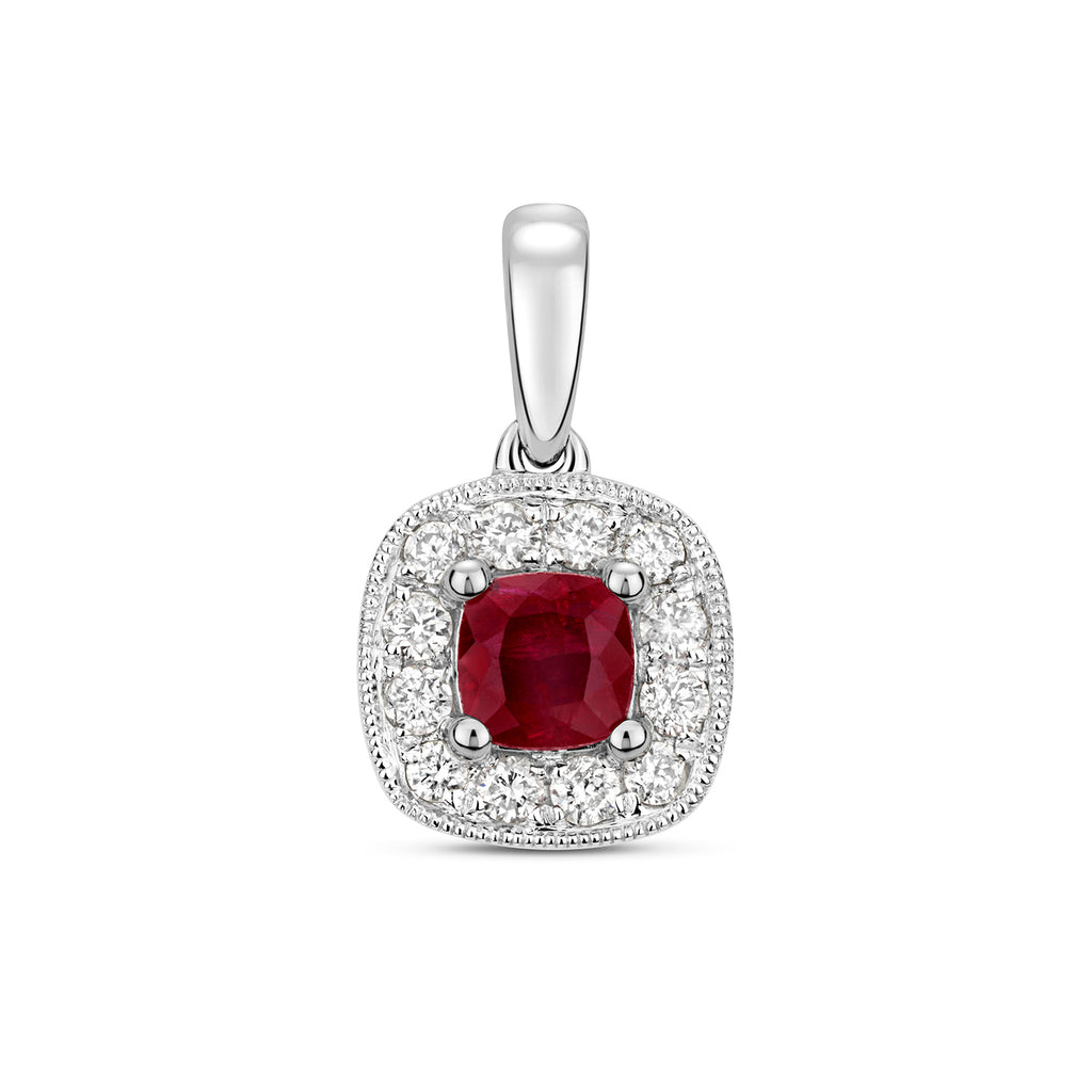 Pendant Rhuddem a Diemwnt Aur Gwyn 9ct 0.420+0.160CT