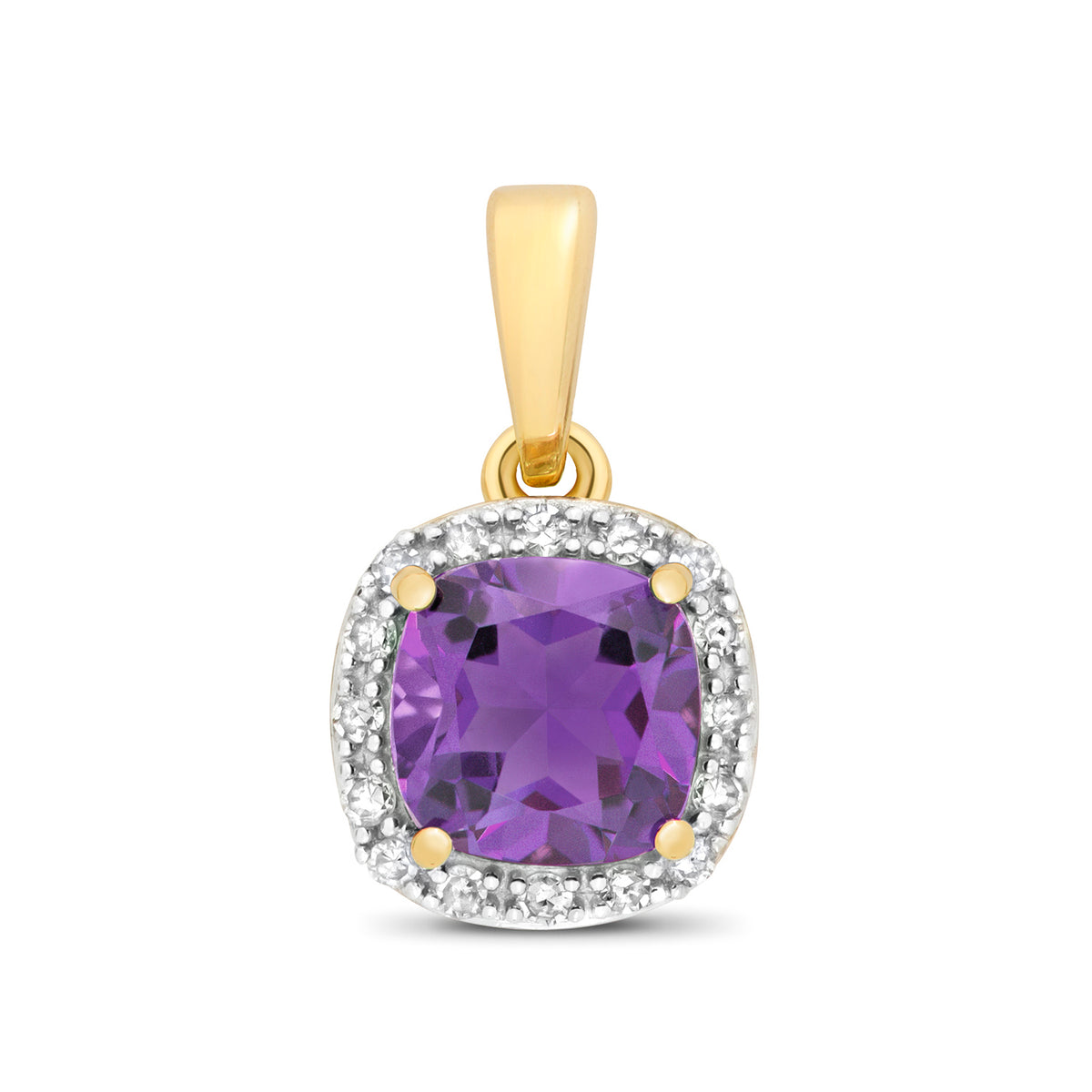 Pendant Amethyst a Diemwnt Aur Melyn 9ct 0.860+0.080CT