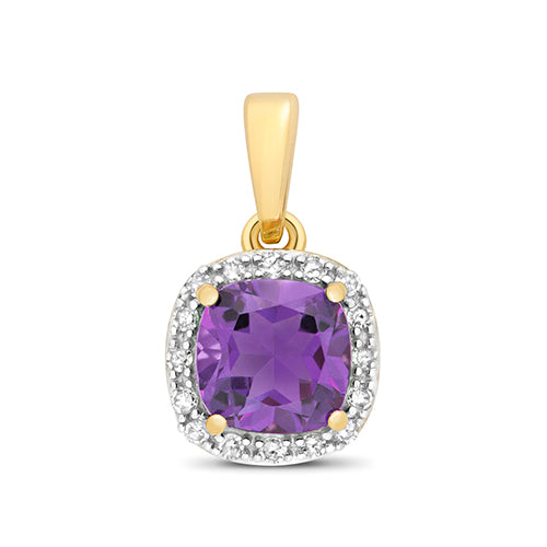 Pendant Amethyst a Diemwnt Aur Melyn 9ct 0.860+0.080CT