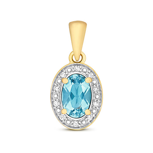 Pendant Topas Glas a Diemwnt Aur Melyn 9ct 0.550+0.030CT