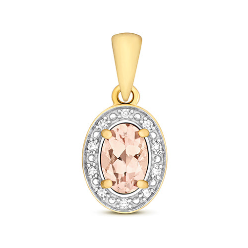 Pendant Morganite a Diemwnt Aur Melyn 9ct 0.440+0.030CT
