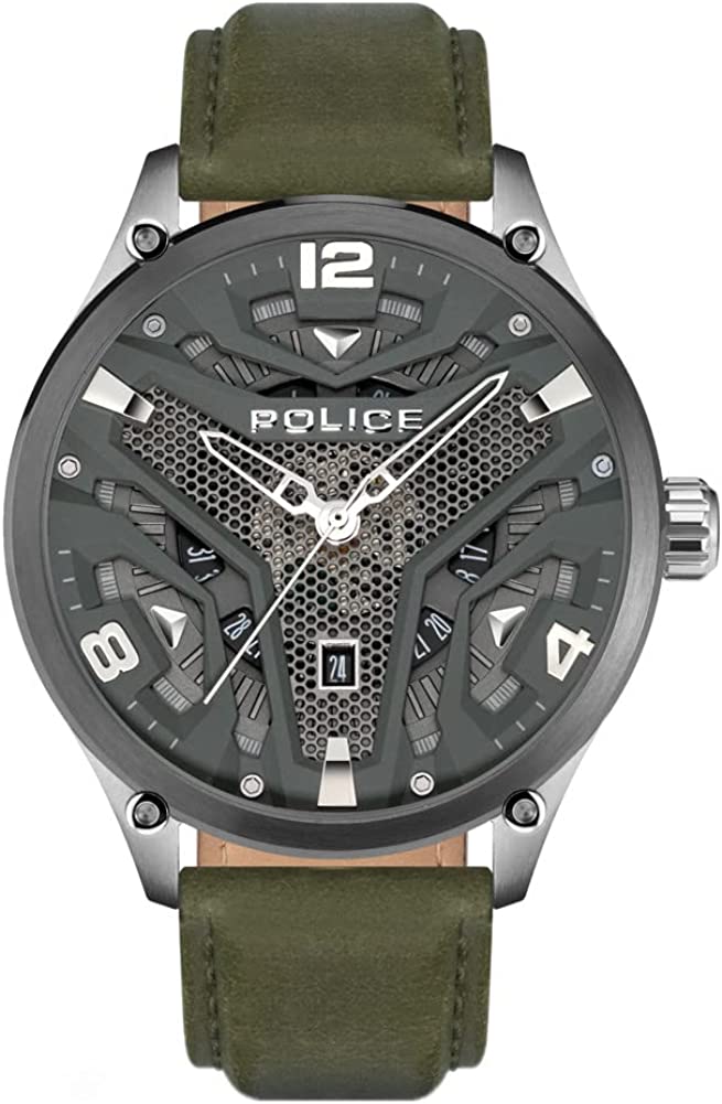 Police Mens Watch with Grey Dial and Green Leather Strap PEWJB2203042