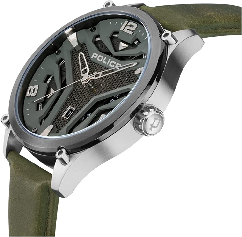 Police Mens Watch with Grey Dial and Green Leather Strap PEWJB2203042