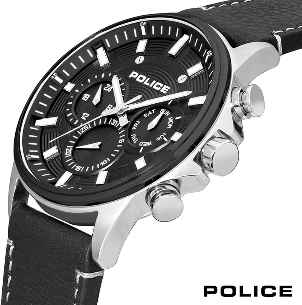 Police Mens Chronograph Watch with Black Dial and Black Leather Strap PEWJF2195141