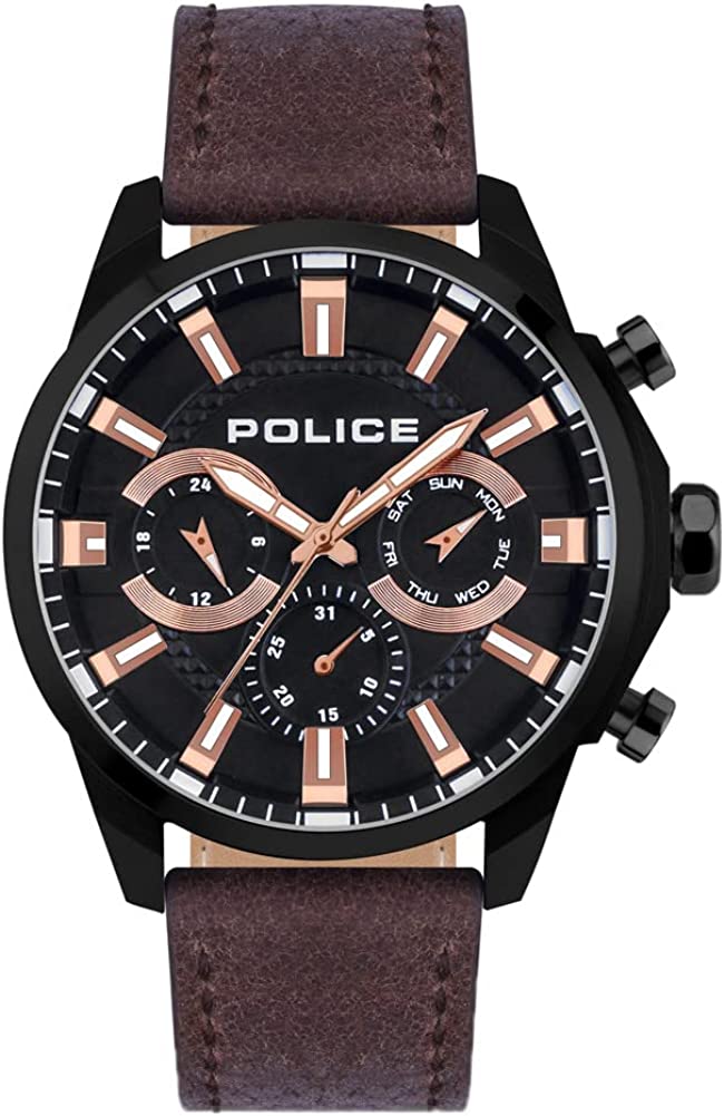 Police Men's Watch with Black Dial and Brown Leather Strap PEWJF2204204