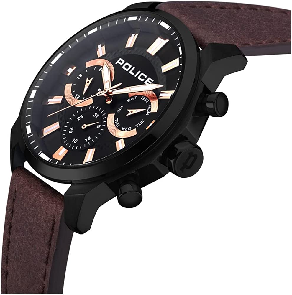 Police Men's Watch with Black Dial and Brown Leather Strap PEWJF2204204